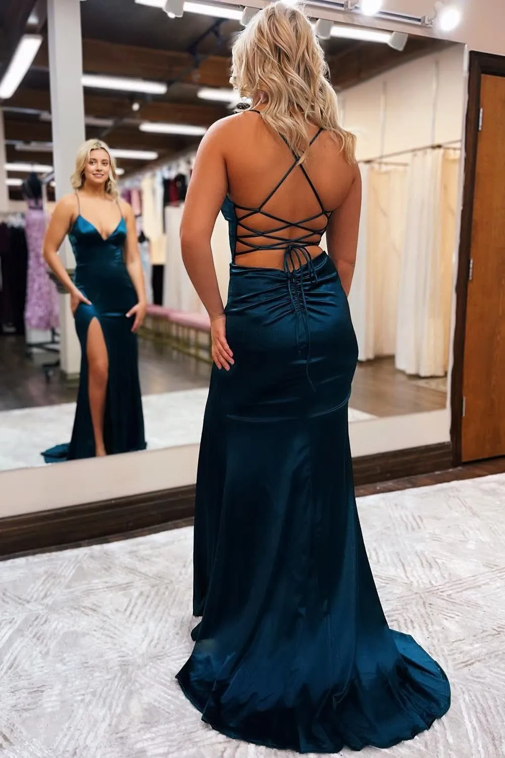 kamahe Sheath Spaghetti Straps Blue Long Prom Dress with Silt Evening Party Dresses Gowns