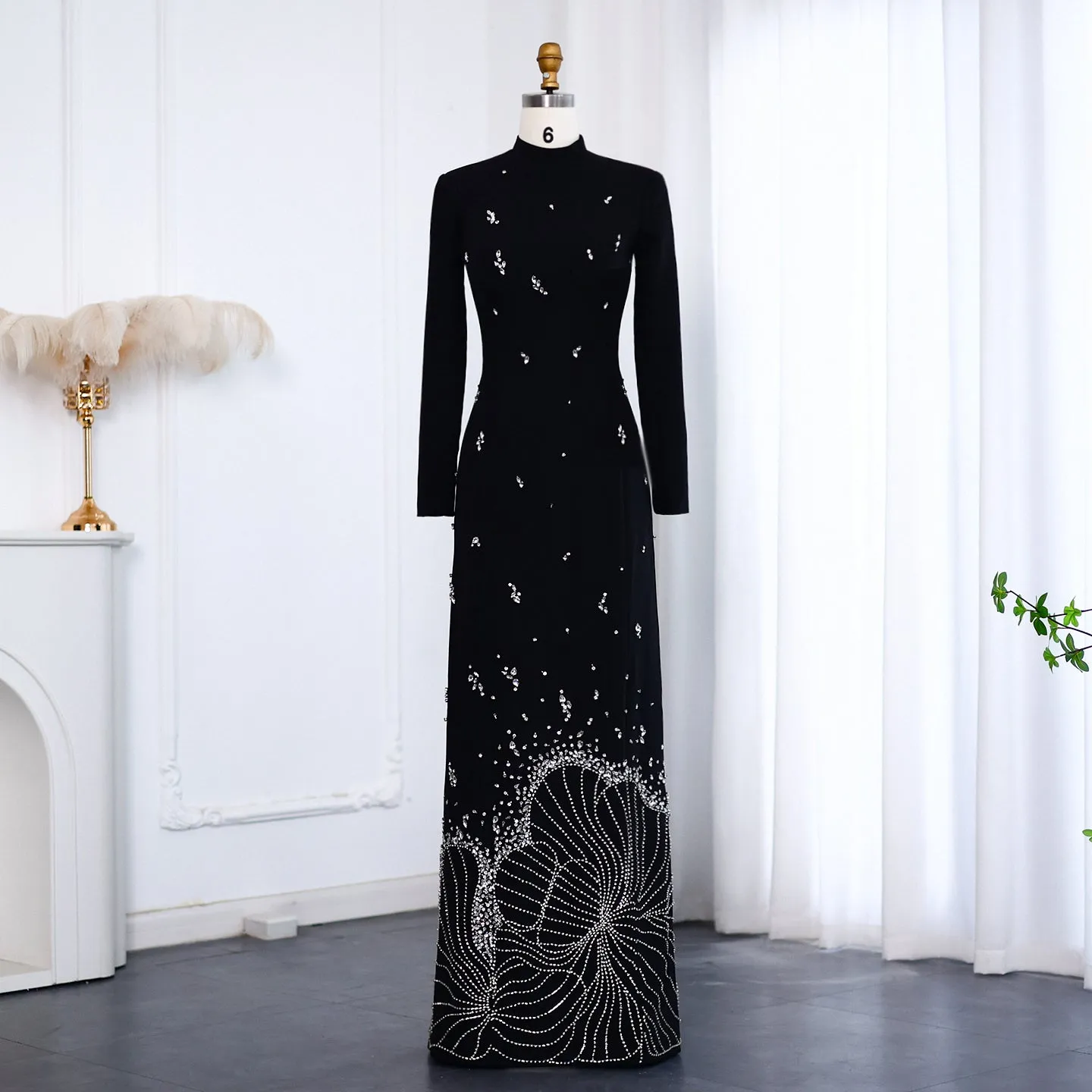 Luxury Crystal White Muslim Long Sleeves Evening Dress SS258