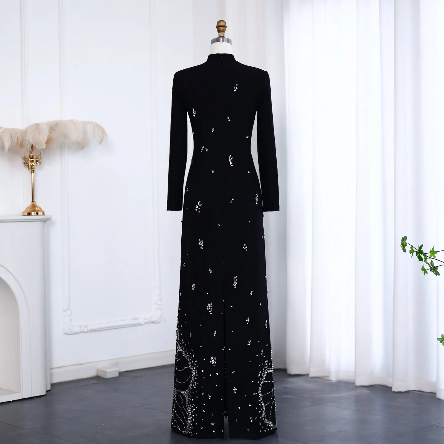 Luxury Crystal White Muslim Long Sleeves Evening Dress SS258