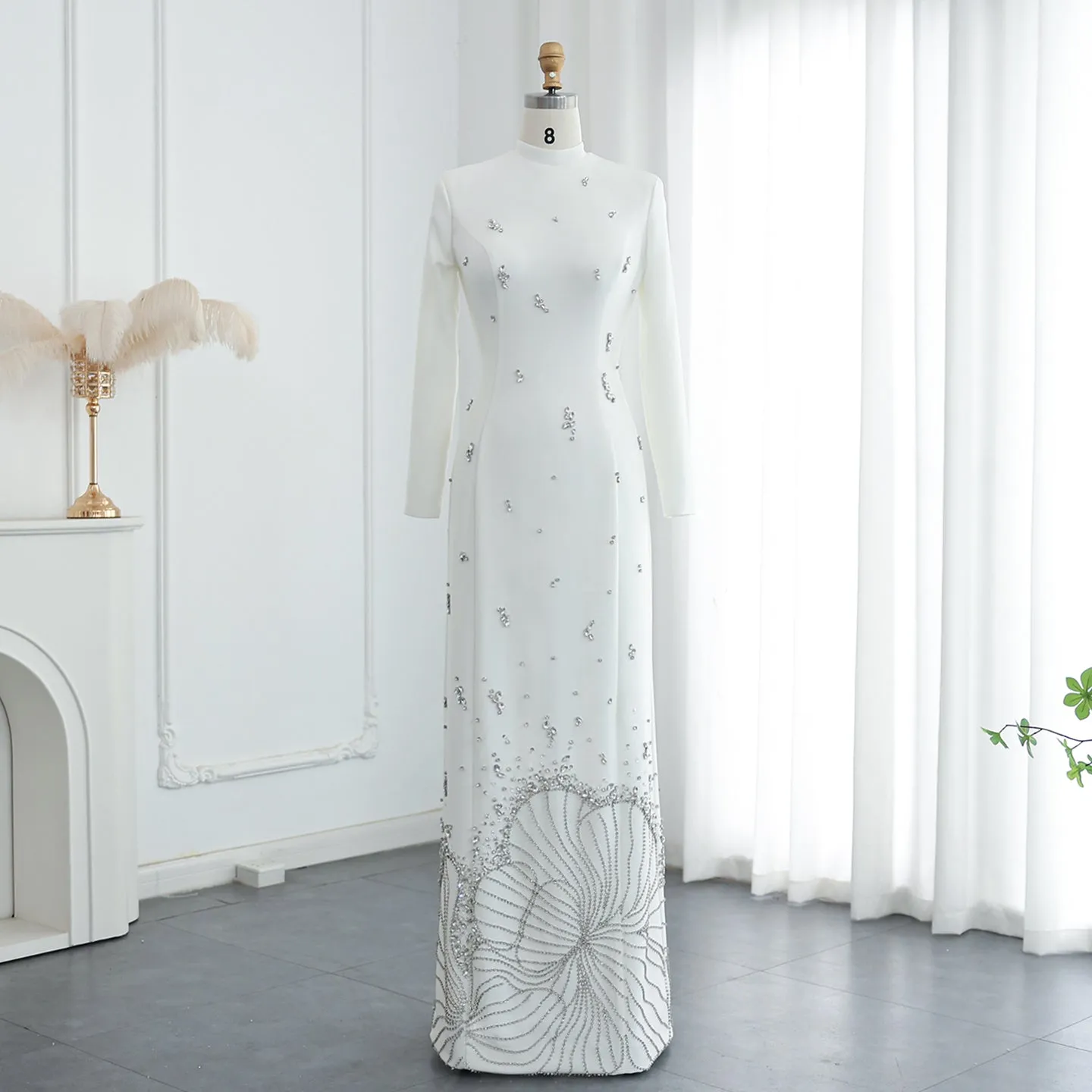 Luxury Crystal White Muslim Long Sleeves Evening Dress SS258
