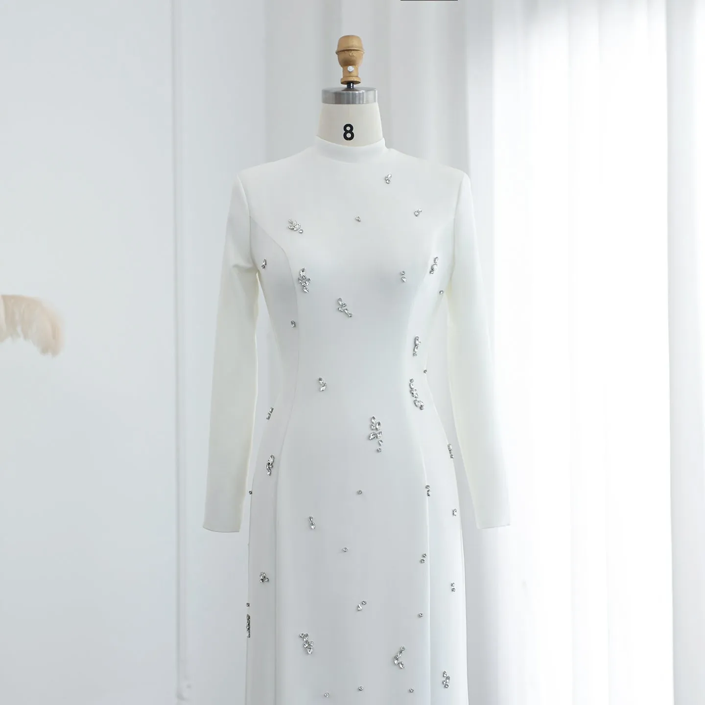 Luxury Crystal White Muslim Long Sleeves Evening Dress SS258