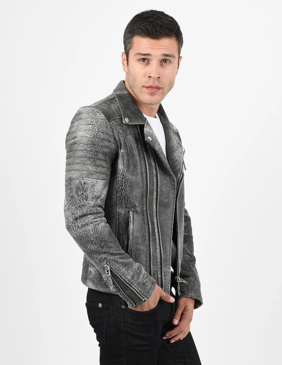 Men's Biker Crackle Stylish Leather Jacket by TJS
