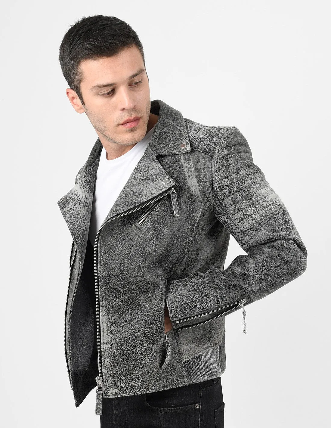 Men's Biker Crackle Stylish Leather Jacket by TJS