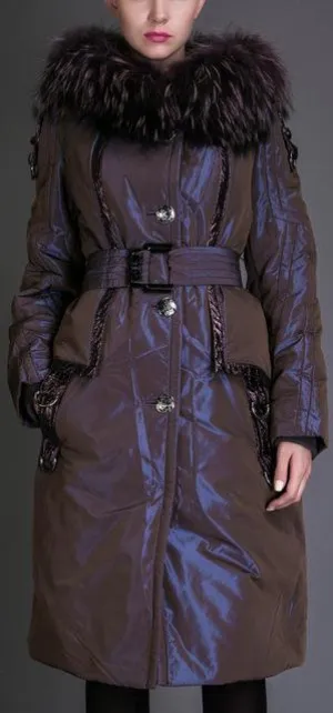 Metallic Down Fill Coat with Faux Fur Collar, Blue