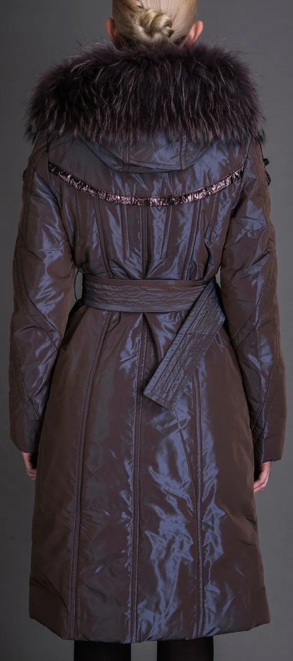 Metallic Down Fill Coat with Faux Fur Collar, Blue