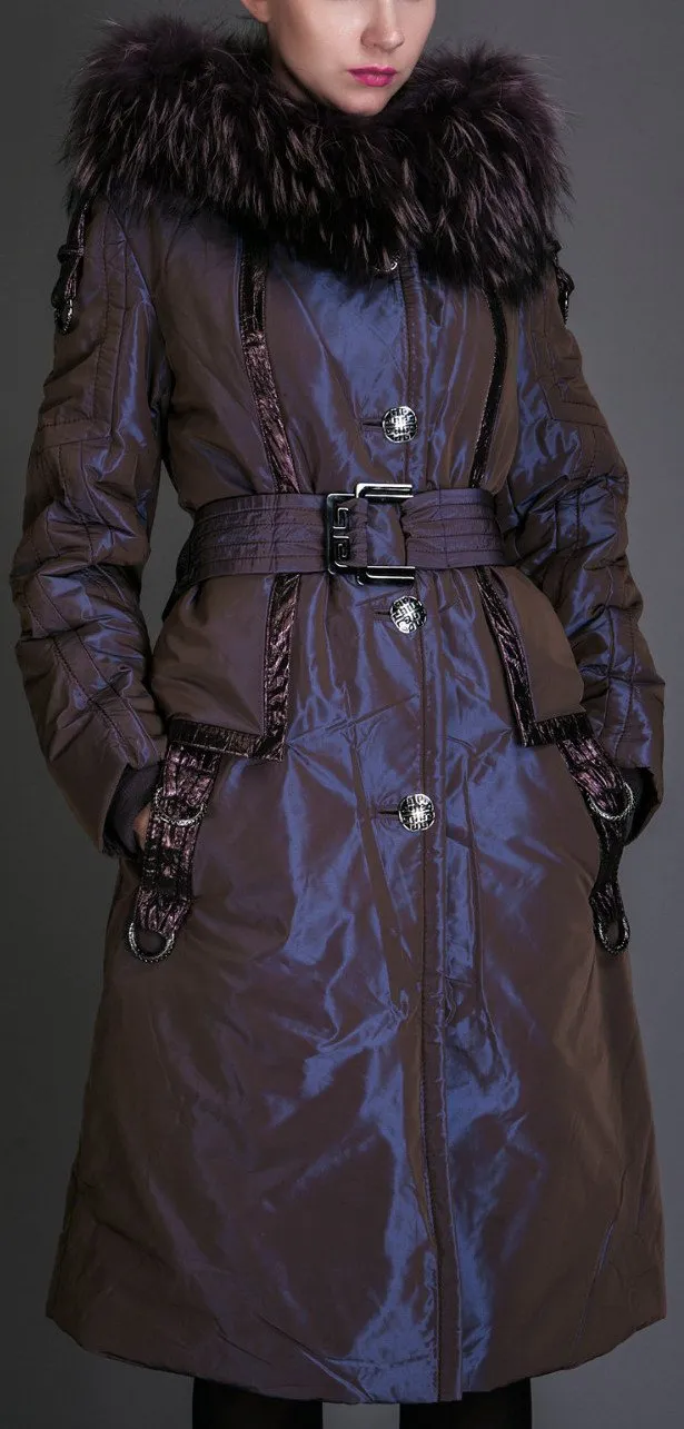Metallic Down Fill Coat with Faux Fur Collar, Blue