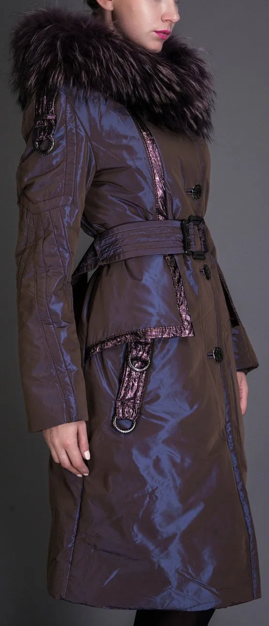 Metallic Down Fill Coat with Faux Fur Collar, Blue