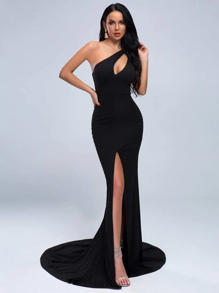 One Shoulder Split Thigh Cut-out Maxi Dress