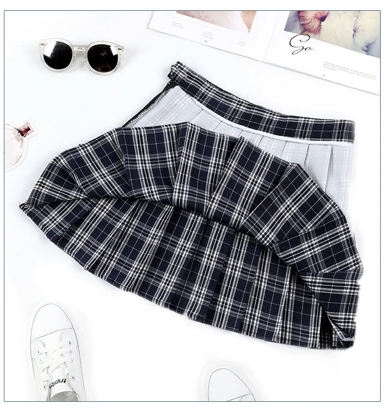 Skirt Summer Non High Waist Pleated Suits Chequered Women Korean All-Matching A-Line Skirt