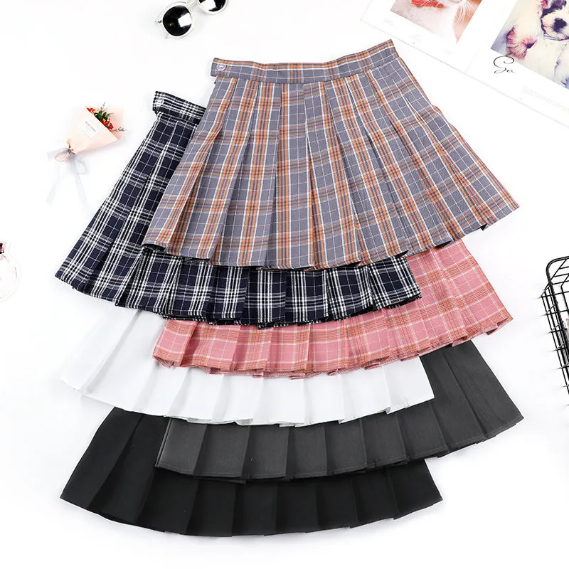 Skirt Summer Non High Waist Pleated Suits Chequered Women Korean All-Matching A-Line Skirt