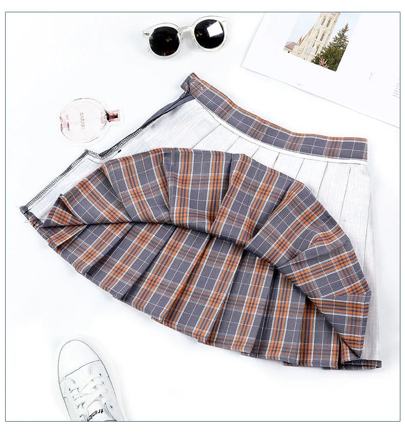 Skirt Summer Non High Waist Pleated Suits Chequered Women Korean All-Matching A-Line Skirt