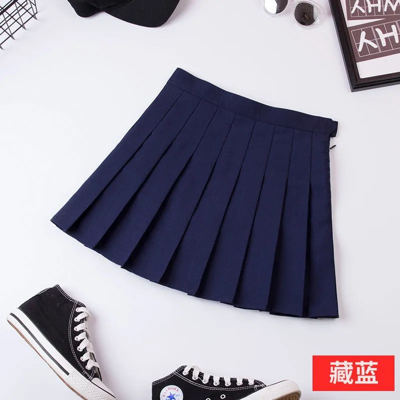 Skirt Summer Non High Waist Pleated Suits Chequered Women Korean All-Matching A-Line Skirt