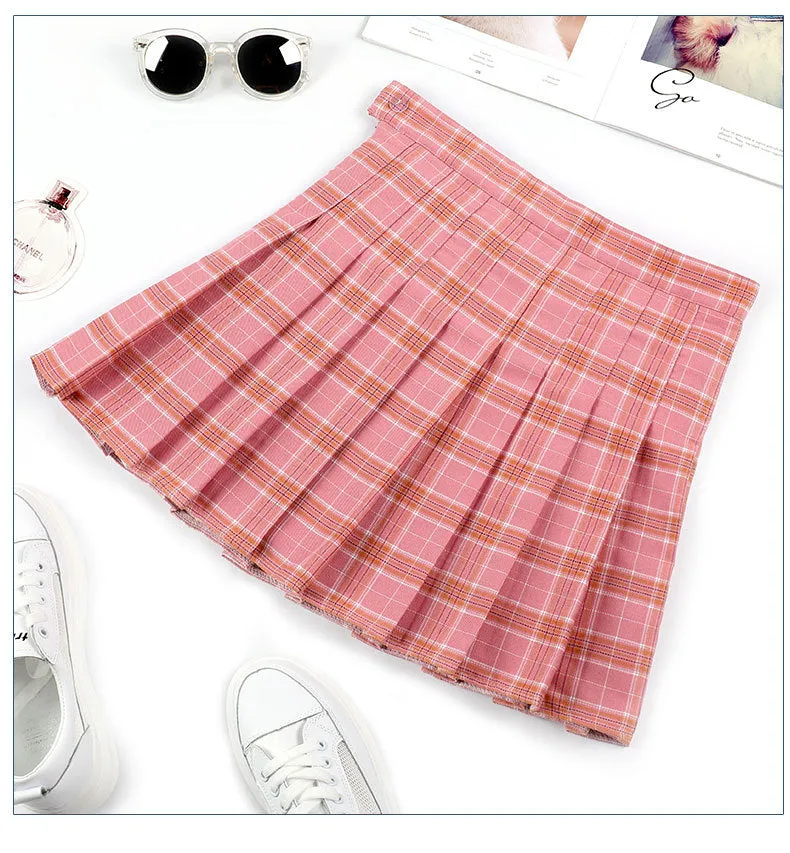 Skirt Summer Non High Waist Pleated Suits Chequered Women Korean All-Matching A-Line Skirt