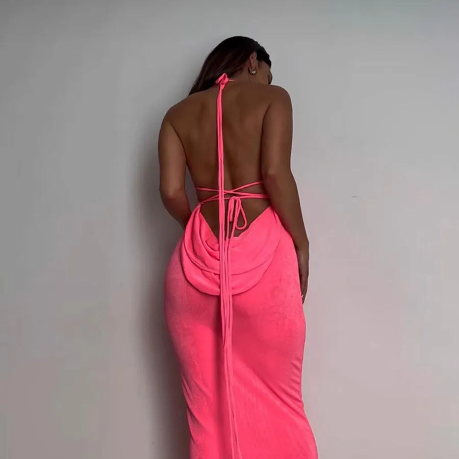 Solid ColorLace-Up Long Strip Backless Bodycon Sundresses Sexy Sling Evening Dress Wholesale Maxi Dresses
